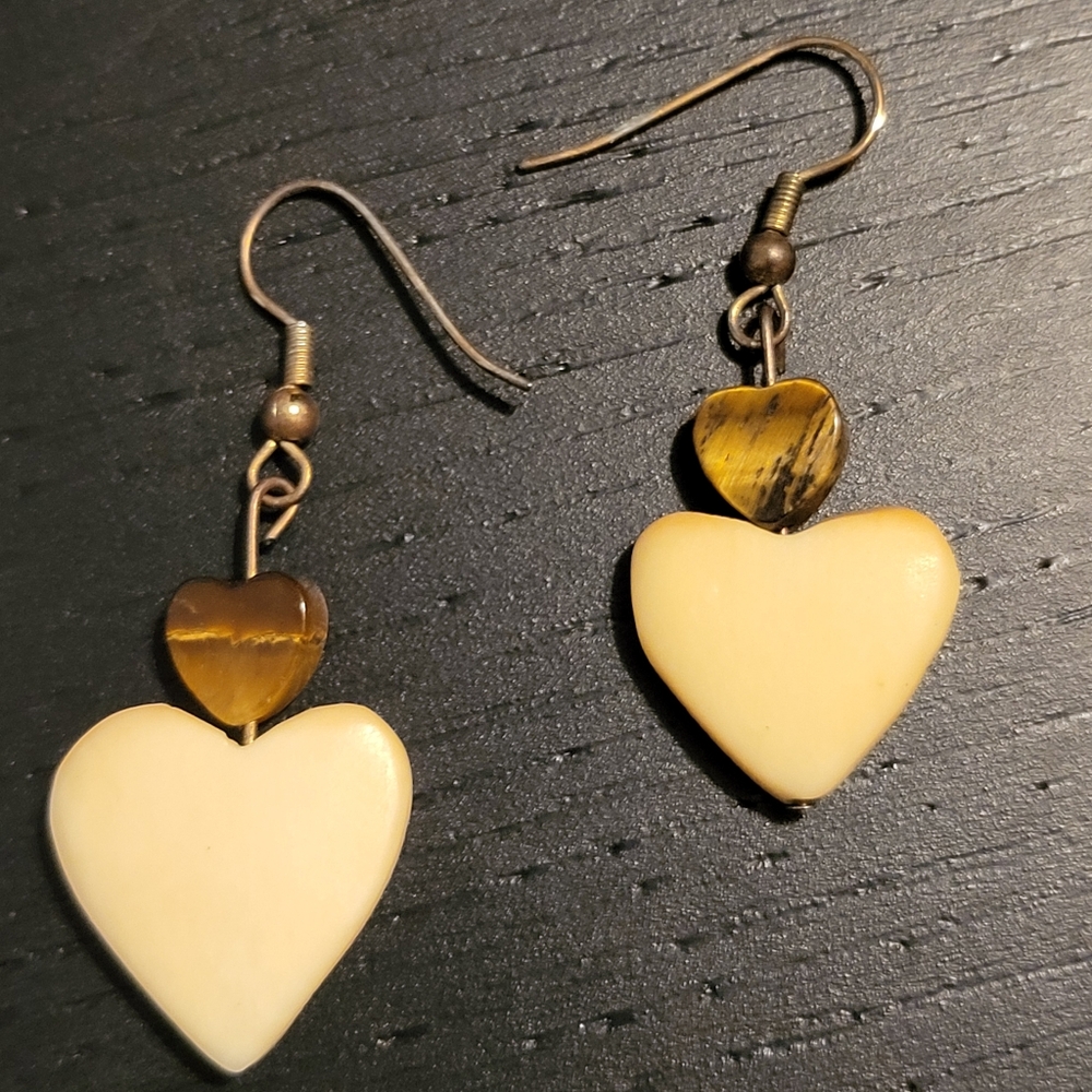 Heart-Shaped Cream and Brown Earrings